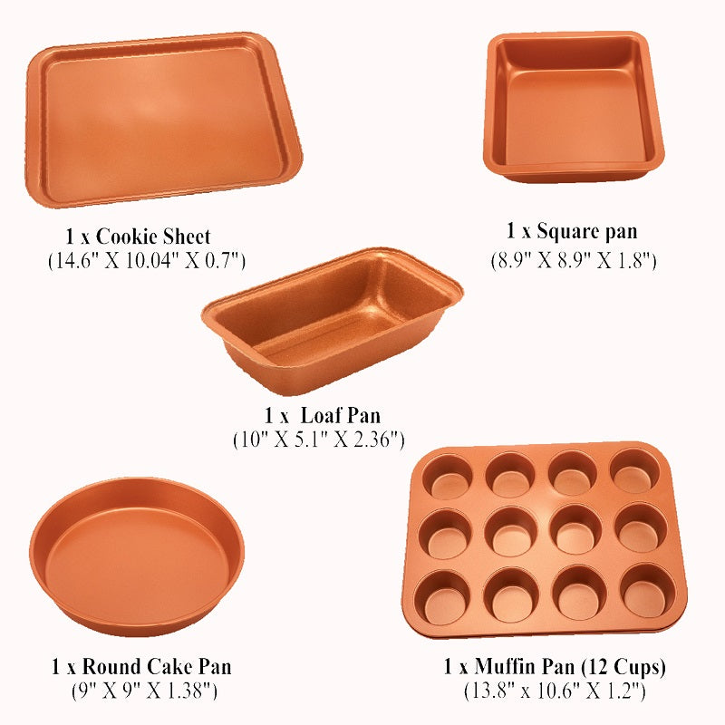 Premium Copper 5-Piece Non- stick Bakeware Set: Muffin Pan, Loaf Pan, Square Pan, Cookie Sheet, Round Pan